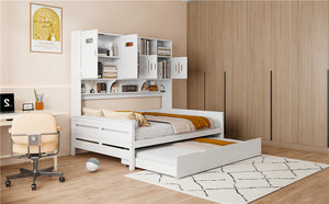 English Elm Full Size Wooden Daybed With Twin Trundle, Integrated Storage Cabinet & Stylish White Finish N820S00027K