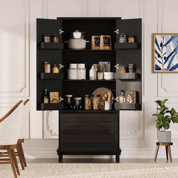 English Elm 70" Tall Pantry Cabinet Rubberwood Legs Three Drawers Six Door Shelves Kitchen Storage Black N762P326960B
