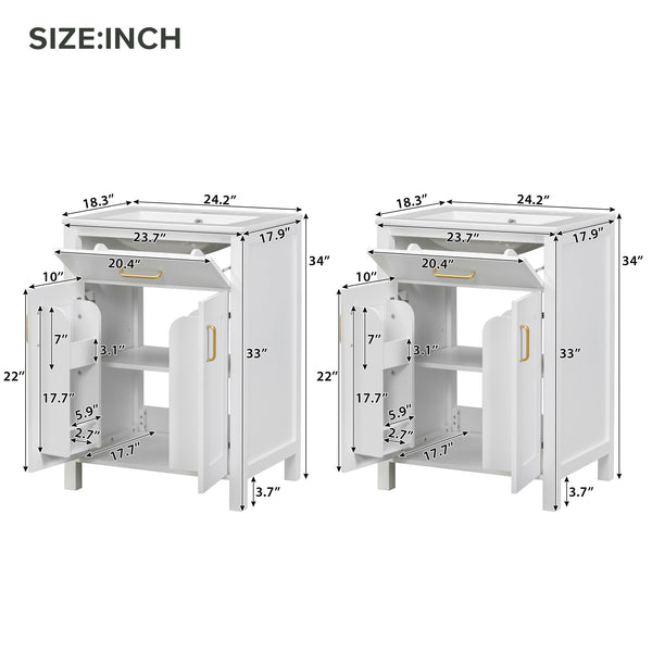 English Elm Modern 48 Inch Freestanding Bathroom Vanity Dual Ceramic Sinks Soft Close Gold Handles White N729P000008K