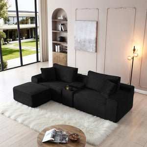 English Elm Modular Cloud Sectional Sofa with Corduroy Deep Seating Usb Ports and Storage Ottoman Black W1117S00360