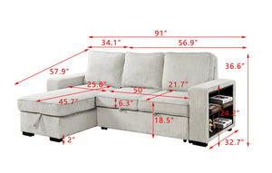 English Elm Modern Pull Out Sofa Bed with Storage Chaise, Convertible L-Shaped Sectional with USB Port and Cup Holder for Living Room — Comfortable Sleeper for Guests Beige W1417S00117