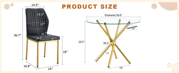 English Elm 4-Piece Dining Set: Modern Luxe Round Glass Table & Stylish Black-Gold Chairs For Chic Spaces W1151S03684