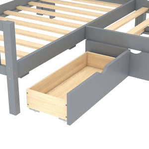 English Elm L-shaped Twin Platform Bed with Trundle, Solid Wood Corner Sleeper with Drawers, Shelves, No Box Spring Needed Grey W1580S00260