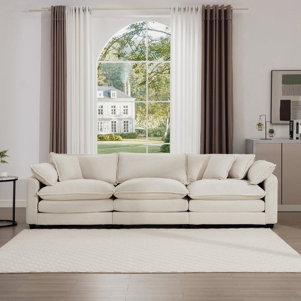 English Elm Mid-Century Modern 3-Seater Sectional Sofa With Plush Light Beige Corduroy And Stylish Pillows W714S00775