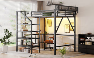 English Elm Full Size Metal Loft Bed with Foldable Desk Staircase Storage and Led Lighting W2580S00072