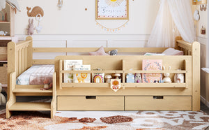 English Elm Twin Pine Floor Bed with Guardrails Built-in Bookcases and Stair Steps for Kids Light Natural W1580P430201