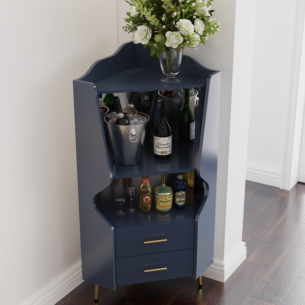 English Elm Wooden Corner Bar Cabinet with Mirrored Back, High Legs, 2 Shelves & 2 Drawers for Stylish Storage Blue W2899P374346