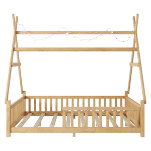 English Elm Full House Kids House Bed with Roof & Fence, Low Floor Solid Pine Frame, Stylish Nightlight Ready Natural 80.91 L x 15.55 W x 6.5 H W2593P296922