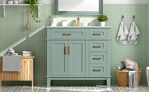 English Elm 36" Green Modern Bathroom Vanity with Ceramic Sink, 4 Soft-Close Drawers & Doors, Solid Wood Build N729P253935F