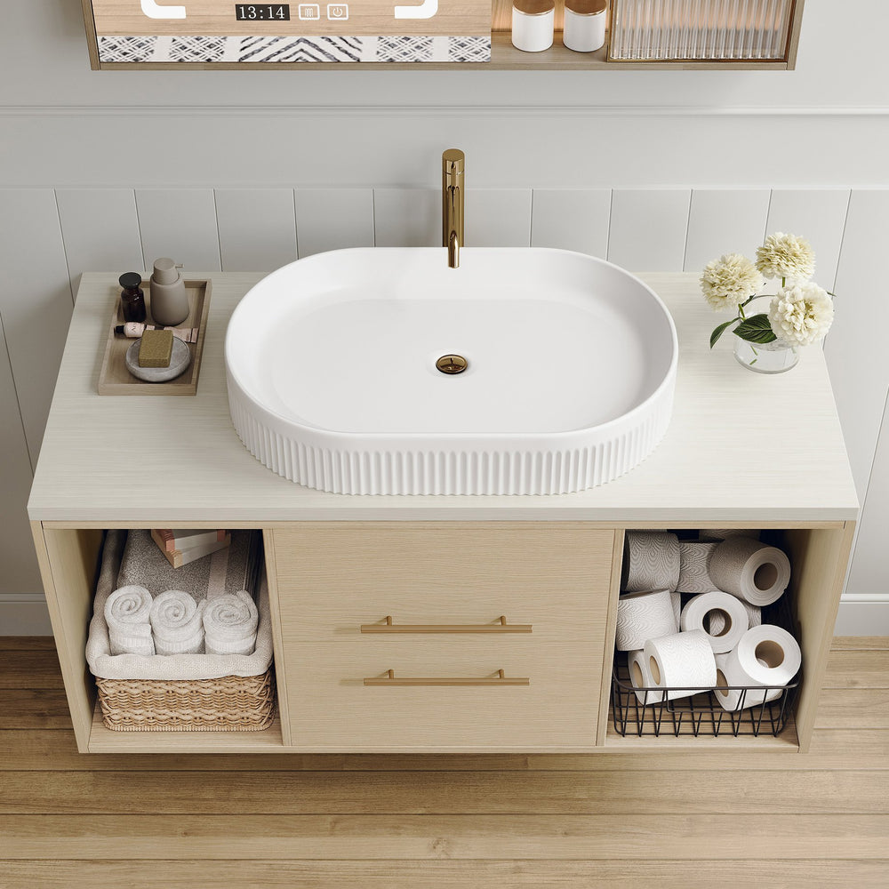 English Elm Modern Floating Bathroom Vanity Oval Ceramic Sink Plywood Cabinet Soft Close Storage W3136S00077