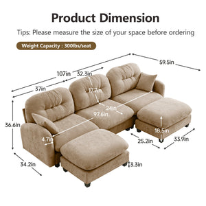 English Elm Modular U-Shaped Sectional Couch With Ottoman, Soft Camel Chenille, Ergonomic Design, Easy Install W714S01379