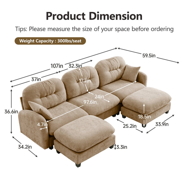 English Elm Modular U-Shaped Sectional Couch With Ottoman, Soft Camel Chenille, Ergonomic Design, Easy Install W714S01379