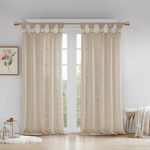 JLA Home Madison Park - Floral semi-sheer tab-top curtain panel with removable rosette pins, airy faux-woven texture for privacy and light filtering (natural tone) Linen MP40-6830
