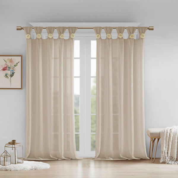 JLA Home Madison Park - Floral semi-sheer tab-top curtain panel with removable rosette pins, airy faux-woven texture for privacy and light filtering (natural tone) Linen MP40-6830