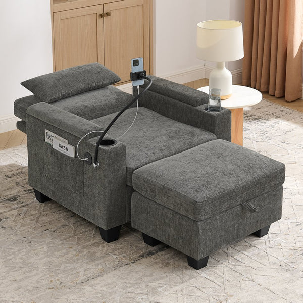 English Elm Single Chenille Manual Recliner with Usb Port Hidden Storage Ottoman and Cup Holders Gray W487P423648