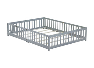 English Elm Queen Floor Bed with Safety Fence and Guardrails, Rubberwood Low Profile Platform for Kids Grey W504P286386