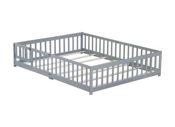 English Elm Queen Floor Bed with Safety Fence and Guardrails, Rubberwood Low Profile Platform for Kids Grey W504P286386