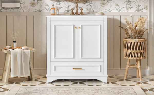English Elm 30" Elegant Bathroom Vanity with Ceramic Sink, French-Inspired Compact Cabinet with Drawer & Shelf White N710P317676K