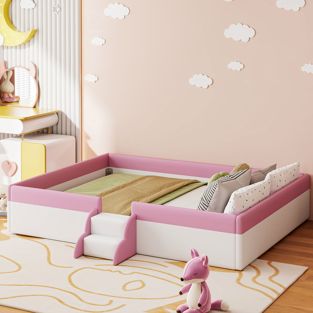 English Elm King Platform Daybed with Fence Rail and Stairs Pu Upholstered Kids Bedroom Frame SF000156AAH-1