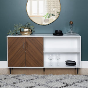 English Elm Walker Edison - Modern Faux Bookmatch Asymmetrical TV Stand for 65" TVs in Solid White — Mid-Century MDF, Metal Legs, Storage B185P244215