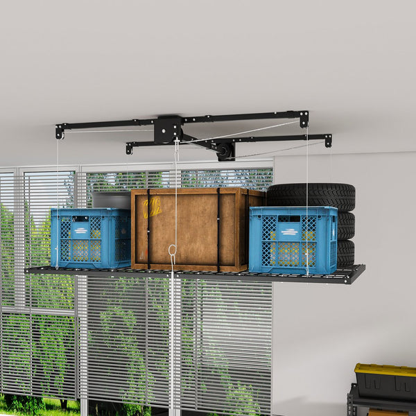 English Elm Overhead Garage Storage Rack with Crank Lowering Steel Platform for High Ceilings W2700P346226