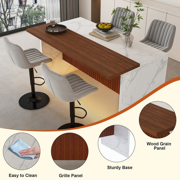 English Elm 63" Modern Kitchen Island Set With 4 Gray Bar Stools - Stylish Marble Finish, Led Light & Versatile Design W2699S00072
