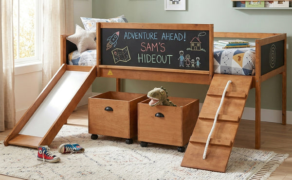 English Elm Twin Kids Loft Bed Solid Pine Frame with Slide Chalkboard and Climbing Rope Play Zone Natural N708P340493D