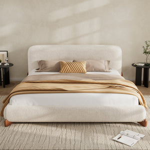 English Elm Queen Boucle Platform Bed Curved Padded Headboard Solid Wood Legs Modern Bedroom N757Q333874W
