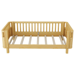 English Elm Twin Solid Pine Platform Bed with Guardrail for Kids, Low-Profile Twin Frame Durable 250LB Capacity W2593P367051