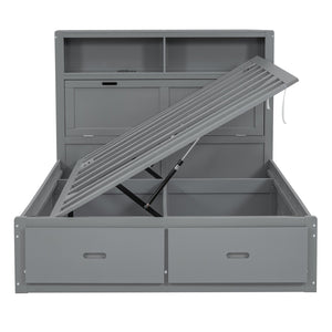 English Elm Wood Queen Size Hydraulic Platform Bed with LED Headboard, Charging Station, Hidden Storage Drawers and Shelves Gray GX000372AAE