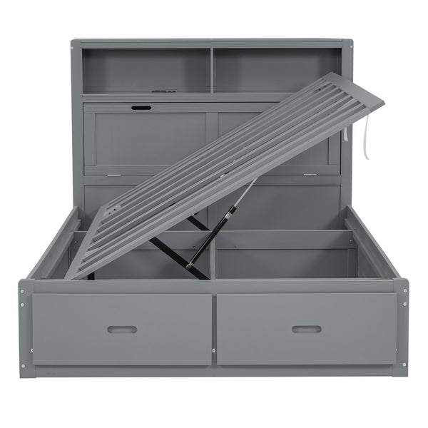 English Elm Wood Queen Size Hydraulic Platform Bed with LED Headboard, Charging Station, Hidden Storage Drawers and Shelves Gray GX000372AAE