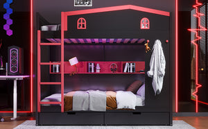 English Elm Twin Xl Solid Pine Loft Bed with Built-in Led Lighting and Storage Shelves W1580S00391