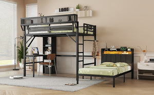 English Elm Full Full over Twin Metal Bunk Bed with Desk, Bookshelves, LED Lighting & USB Charge Station, Black W2580S00040