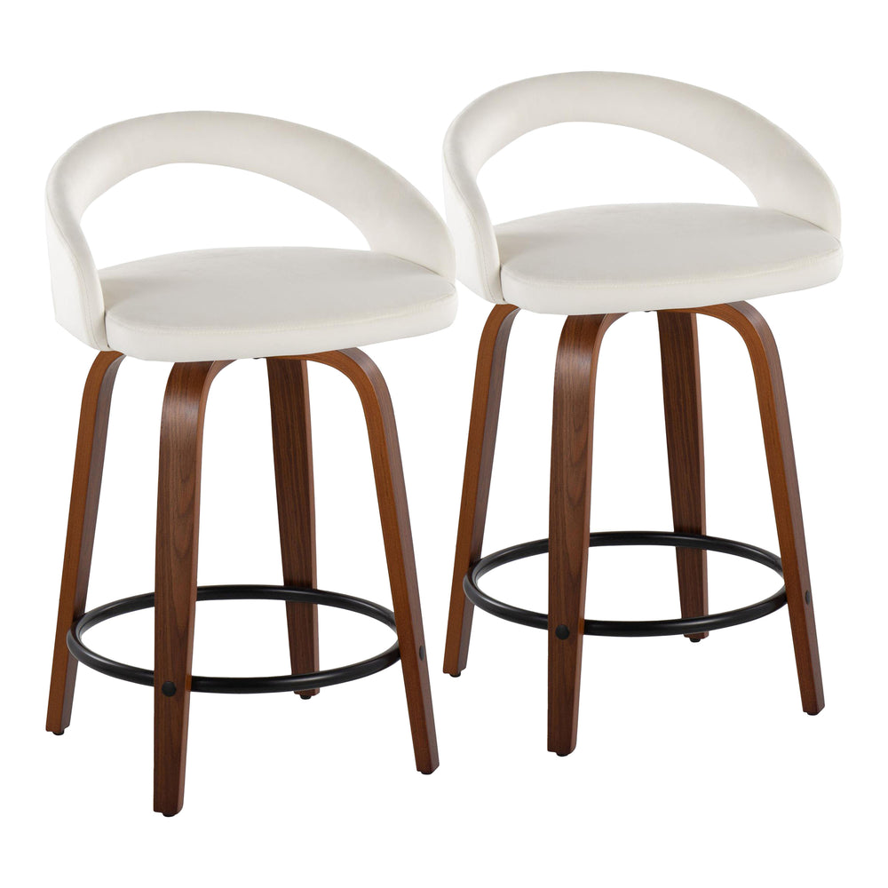 English Elm Fixed-height Swivel Counterstools Walnut Bentwood Velvet Seat Black Footrest Set B202S01760
