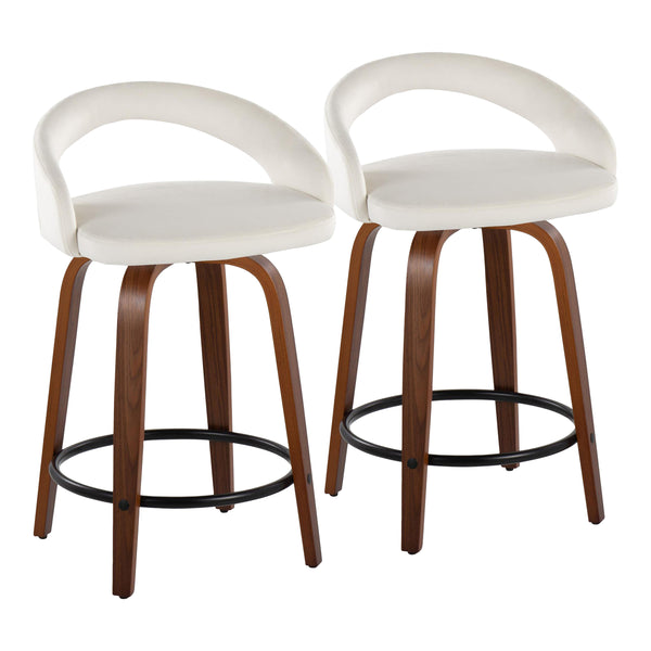 English Elm Fixed-height Swivel Counterstools Walnut Bentwood Velvet Seat Black Footrest Set B202S01760