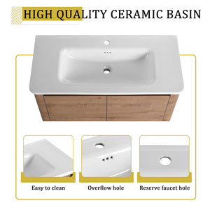 English Elm 40'' Freestanding Bathroom Vanity With White Ceramic Sink & Soft-Close Doors - Stylish Storage Solution W999S00401
