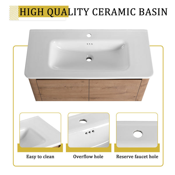 English Elm 40'' Freestanding Bathroom Vanity With White Ceramic Sink & Soft-Close Doors - Stylish Storage Solution W999S00401