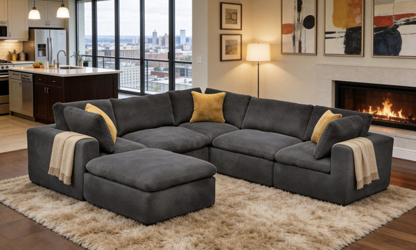 English Elm Coffee Bean Basket Weave Modular Sectional Foam Compressed with Toss Pillows Included Dark Gray B2748S00080