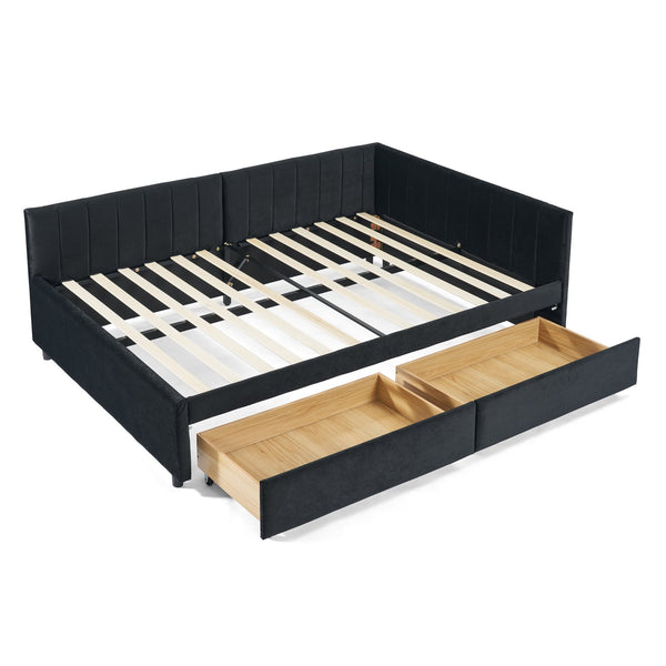 English Elm Full Size Upholstered Tufted Daybed Frame With Storage Drawers, Plush Velvet In Elegant Black Finish W1413S00088