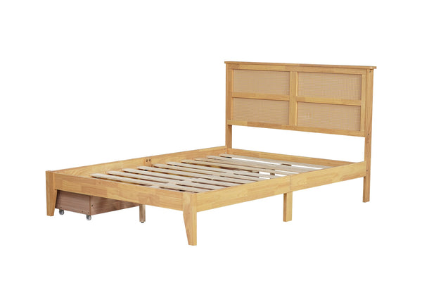 English Elm Full Full Size Bed with Rattan Headboard and Two Underbed Storage Drawers, Rubberwood Slat Support White Oak W504P269606