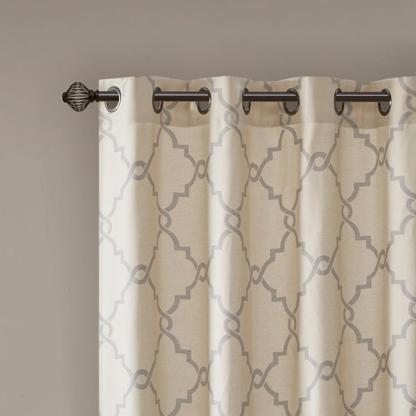 JLA Home Madison Park - Fretwork Metallic Fret Print Curtain Panel with Gunmetal Grommets — Textured Cotton-Blend Light Filter Beige/Grey MP40-1283