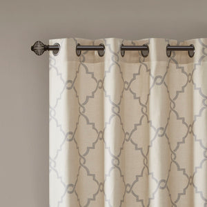 JLA Home Madison Park - Fretwork metallic fret pattern curtain panel with cotton-blend basket weave and gunmetal grommets for soft light filtration and modern texture Beige/Grey MP40-2019