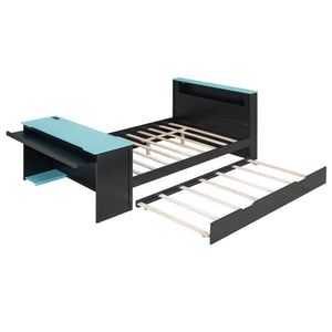 English Elm Full Size Wood Platform Daybed with Trundle Desk Rgb Led Lighting Gaming Bedroom Black+Blue LT000284AAC