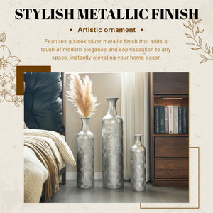 English Elm Silver Metal Floor Vase Trio Etched Wave Pattern Tall Cylinder Set for Modern Decor W2796P386873
