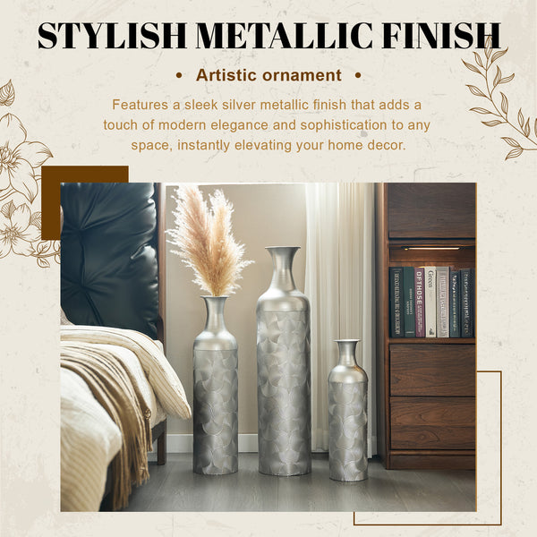 English Elm Silver Metal Floor Vase Trio Etched Wave Pattern Tall Cylinder Set for Modern Decor W2796P386873