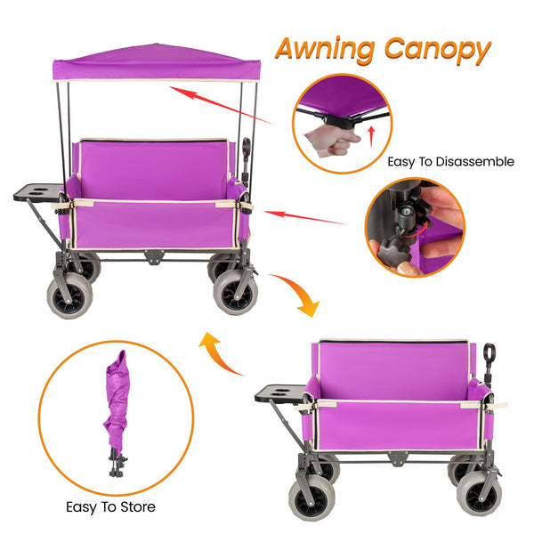 English Elm 3-in-1 Collapsible Wagon with Canopy Bench Tabletop and All-terrain Wheels for Camping Purple W2932P417653