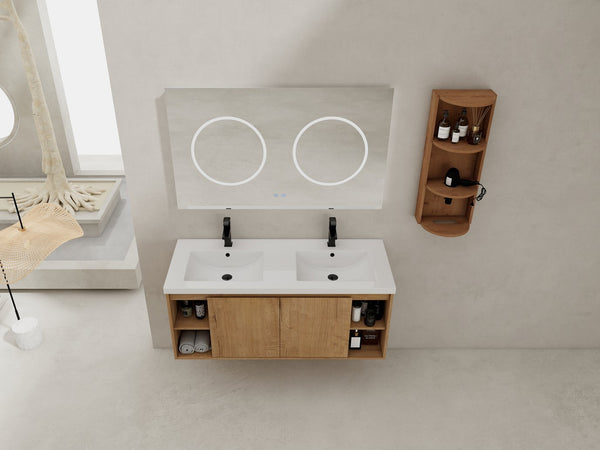 English Elm 48" Wall-Mounted Bathroom Vanity With Double Sink, Storage Rack & Soft Close Doors For Modern Spaces W999S00347