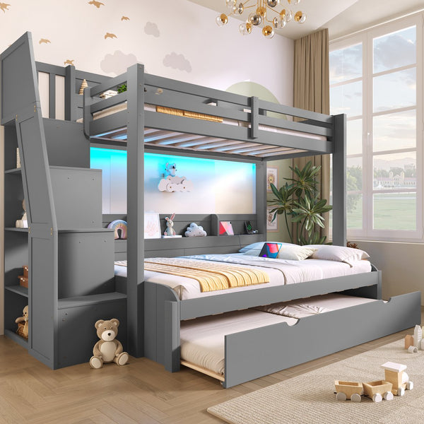 English Elm Twin Over Full Bunk Bed with Stair Drawers Shelves Led Lighting and Usb Port Grey N7090005013E