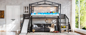 English Elm Twin Metal Loft Bed with Built-in Wardrobe Storage Stairs Led Lights and Usb Ports W5316S00045