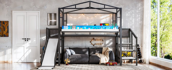 English Elm Twin Metal Loft Bed with Built-in Wardrobe Storage Stairs Led Lights and Usb Ports W5316S00045